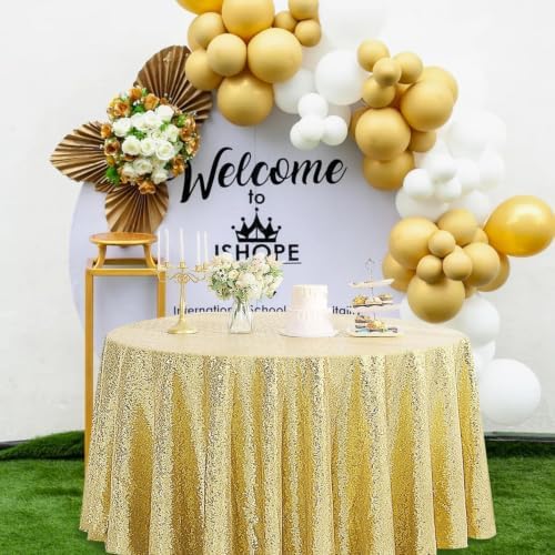 Pufogu 120" Round Gold Sequin Tablecloth Glitter White Table Cloths for Birthday Wedding Bridal Baby Shower Party Decorations - Image 6