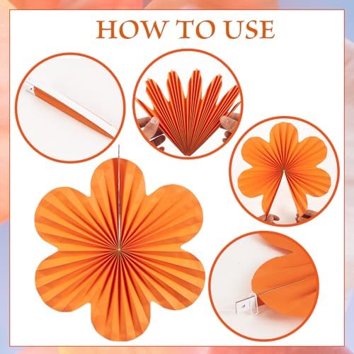 SUNBEAUTY Paper Flowers Decorations Pink and Orange for Wall Paper Fans Classroom Decoration Paper Floral Backdrop Decor Paper Fans Decor Hanging Paper Fans Orange Flower Wall Decor Set of 9 - Image 3
