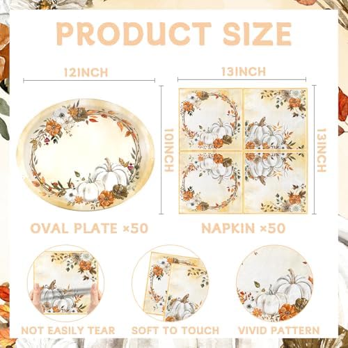 White Pumpkin Paper Plates and Napkins Serve 50, Boho Oval Fall Plates 10" x 12" with 6.5" Napkins Floral Autumn Tableware Fall Party Decorations for Birthday Baby Shower Bridal Shower Thanksgiving - Image 3