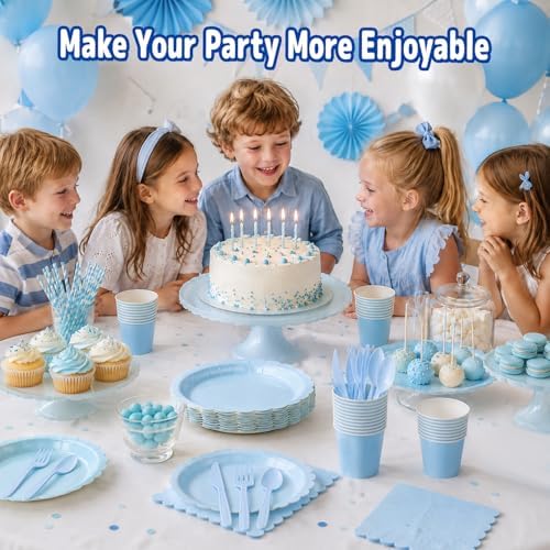 175 Pcs Light Blue Paper Plates and Napkins Disposable Tableware, Serve 25 - Image 3