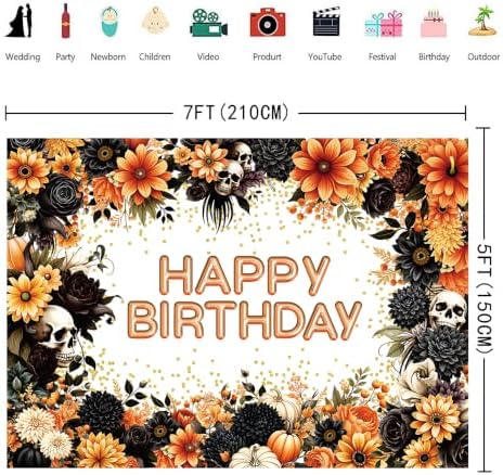 INRUI Halloween Gothic Skull Happy Birthday Backdrop 7x5FT - Image 4
