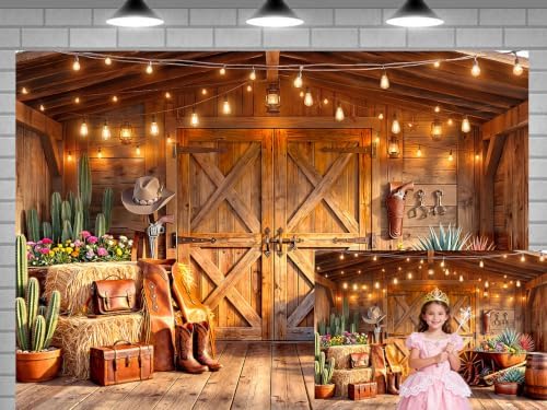 Western Cowboy Barn Wooden Door Backdrop Rustic Farm Hay Cactus Country Farmhouse Photography Background for Party Birthday Portrait Photo Booth Decor 15X10 FT - Image 2