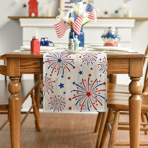 Artoid Mode Silver Fireworks Patriotic 4th of July Table Runner, Seasonal Kitchen Dining Table Decoration for Home Party Decor 13x108 Inch - Image 2