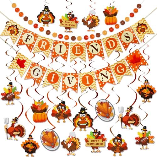 Thanksgiving Party Decorations Set - NO DIY - Friendsgiving Banner & Turkey Hanging Swirls & Circle Dots Garland Banner, Thanksgiving Decorations for Home Office Classroom Friendsgiving Party Decor by Lairyan