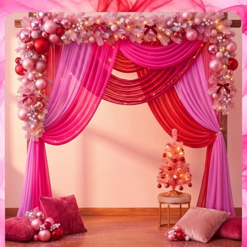 Boao 6 Pcs Pink Christmas Decorations Red and Pink Chiffon Table Runner - Image 2