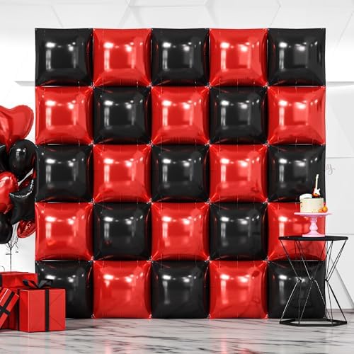 NISOCY 25PCS Red and Black Square Foil Balloons Wall Backdrop by NISOCY