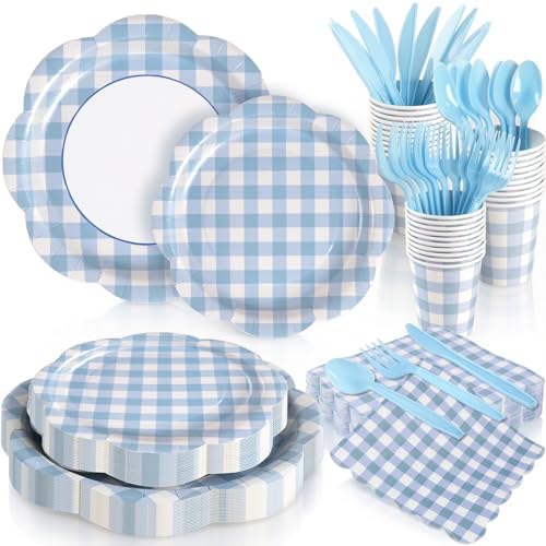 168Pcs Blue Gingham Scalloped Paper Plates and Napkins Set for 24 Guests by OuMuaMua