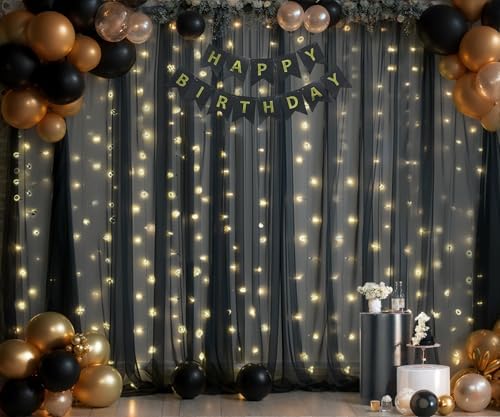20ft x 10ft Black Tulle Photo Backdrop Curtain with Lights String for Parties Sheer Black Curtain Backdrop for Birthday Party Baby Shower Wedding Photo Booth Photography Background Decorations - Image 2
