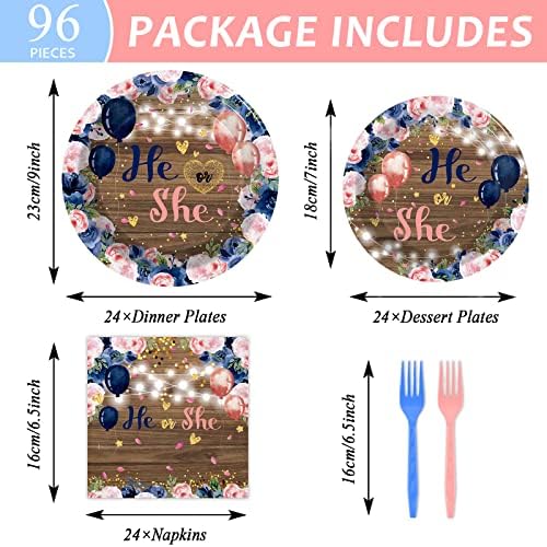 Wiooffen 96 Pcs Gender Reveal Party Decorations Supplies He or She Tableware Set Shower Dessert Plates Napkins Forks for 24 Guests Party Favors - Image 2