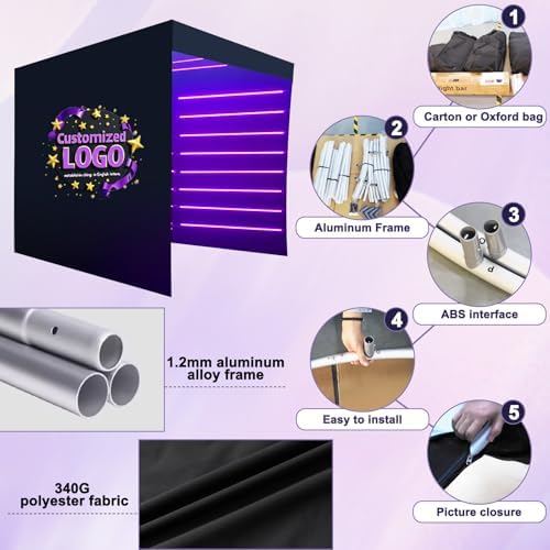 360 Photobooth Backdrop Photo Booth Enclosure Wall Backdrops Customized Logo Degree Video Selfie Rotating Background with 23 PCS LED Light Screen Stand for Rental Wedding Party - Image 3