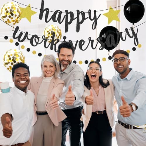 Happy Workiversary Banner Black Gold Glitter Work Anniversary Party Decorations Work for Employee Coworker Office Party Happy Work Anniversary Celebrations - Image 7