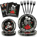 96Pcs Dark Romance Book Lover Skull Rose Black Gothic Party Plates Supplies Tableware Decorations Disposable Paper Plates Napkins Forks for Birthday, Serves 24 by G1ngtar