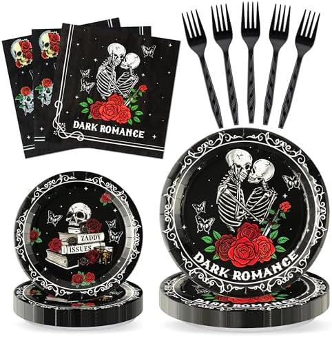 96Pcs Dark Romance Book Lover Skull Rose Black Gothic Party Plates Supplies Tableware Decorations Disposable Paper Plates Napkins Forks for Birthday, Serves 24 by G1ngtar