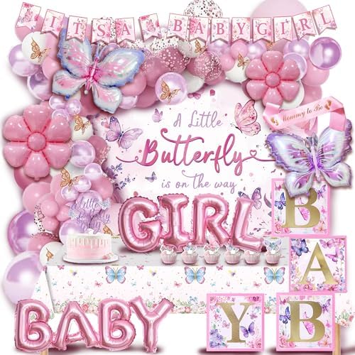 126 pcs Butterfly Baby Shower Decorations For Girl,4 pcs Butterfly Balloon Boxes,Floral,Butterfly Aluminum Foil Balloons,Flower,"A little butterfly is on the way","Mommy to be" Sash by PartySpot%EF%BC%81
