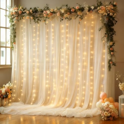 10x10FT Cream Wrinkle Free Backdrop Curtains with Lights String for Parties - Photo Curtain Backdrop with Lights for Wedding Decorations, Bridal Baby Shower Birthday Party Photography Background by WishCare