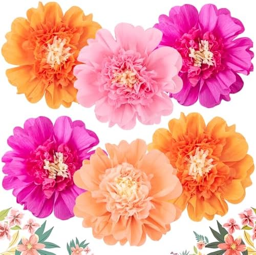 SUNBEAUTY 6PCS Hot Pink and Orange Paper Flowers 12 Inch Large Tissue Paper Flowers Decorations for Wall Giant Crepe Paper Flowers for Girl Women Birthday Office Classroom Bridal Wedding Backdrop by SUNBEAUTY
