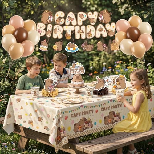 Kinovo 176 Pcs Capybara Birthday Decorations (Serves 24), Capybara Party Decorations Include Banner Hanging Plates Napkins Cups Forks Tablecloth Topper Balloons for Party - Image 3