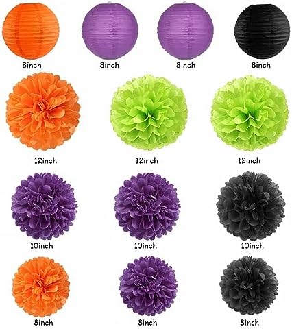 Black Purple Orange-Green Halloween Party-Decorations - 20pcs Paper Lanterns Fans,Tissue Pom Poms,Honeycomb Balls,Hotel Transylvania Hocus Pocus Birthday Baby Bridal Shower Wedding Decor Burgleda - Image 3
