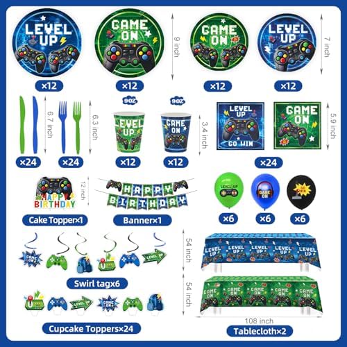 196 Pcs Video Game Party Decorations (Serves 24), gaming party decorations Include Banner Hanging Plates Napkins Cups Forks Knifes Tablecloth Topper Balloons for Boy Party - Image 3