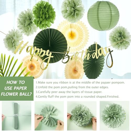 SUNBEAUTY Sage Green Birthday Decorations for Women Green Tissue Pom Poms Paper Lanterns Party Decorations Happy Birthday Banner Sage Green Paper Fans for Spring Garden Party Wedding Bridal Shower - Image 4