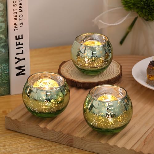 Volens 24PCS Green Votive Candle Holder Bulk, Round Mercury Glass Votives - Image 5