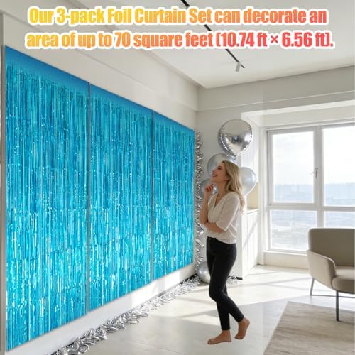 3 Pack 3.28ft x 6.56ft Light Blue Metallic Tinsel Foil Fringe Curtains, Photo Booth Backdrop Party Decorations for Birthday Wedding Baby Shower Graduation Bachelorette New Years - Image 3