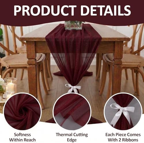 Pack of 20 Chiffon Table Runners 29 x 120 Inch, 10FT Long - Burgundy - Image 5