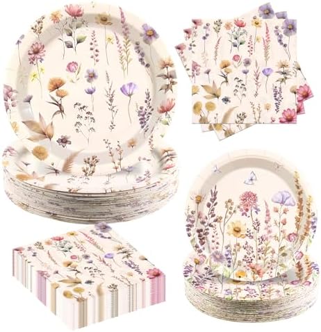 Vintage Wildflower Paper Plates Napkins party Supplies,Serve 60 by Osonm