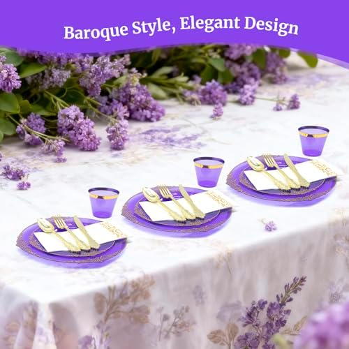 AIRE Purple Gold Plastic Plates Set, 350PCS Disposable Dinnerware for 50 - Image 3