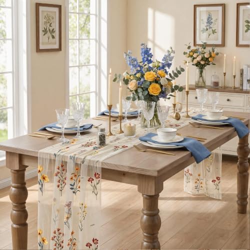 Artoid Mode Wildflower Beige Apricot Embroidery Table Runner 120 Inch 10FT - Image 6