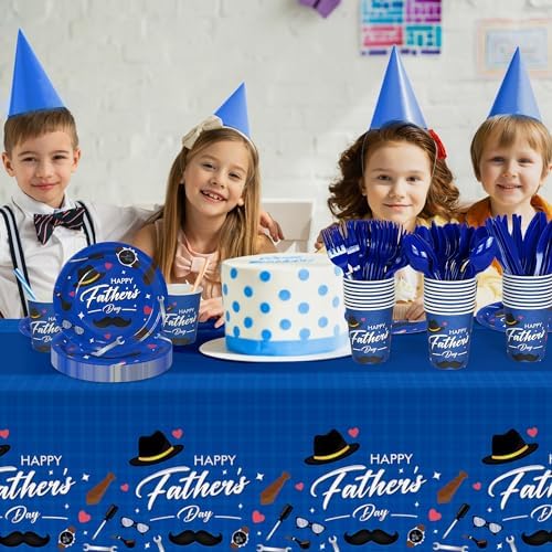 Childom Fathers Day Decorations for Party,132 Pcs Disposable Fathers Day Plates Tablecloth Cups Knives Spoons Forks for Party Supplies,Plates Tableware for Dads Birthday,Home,Brunch,Dinner,Serves 26 - Image 4
