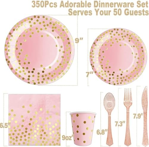 AIRE 350PCS Pink and Gold Party Supplies, Severs 50 Disposable Partyware, Gold Plastic Cutlery, Napkins, Plates for Baby Shower, Birthday, Wedding - Image 2
