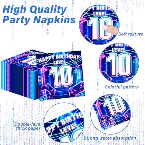 96Pcs 10th Birthday Video Game Plates and Napkins Gamer 10 Years Old Party Decorations Purple and Blue Level 10 Dessert Plates 10th Birthday Tableware for 24 Guests Boys Kids Gaming Party Supplies - Image 5