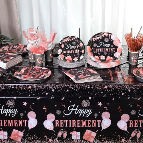 Funnymoom 452 Pcs Retirement Party Decorations Supplies Set Include Rose Gold Retirement Paper Plates Napkins Cups Tablecloth Cutlery Straws for Men Women Say Goodbye Party - Image 4