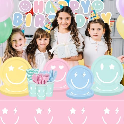199PCS Smiley Face Birthday Decorations Smile Pastel Themed Preppy Theme Plates and Napkins Set,Balloon, Banner,Tablecloth, Hanging,Cupcake Topper,Smiley Pastel Birthday Party Supplies Serve 24 Guests - Image 3