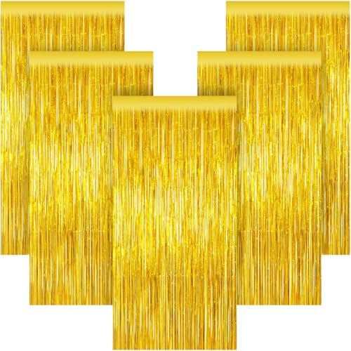 5 Pack 3.28ft x 6.56ft Gold Metallic Tinsel Foil Fringe Curtains, Photo Booth Backdrop Party Decorations for Birthday Wedding Baby Shower Graduation Bachelorette New Years by Unknown