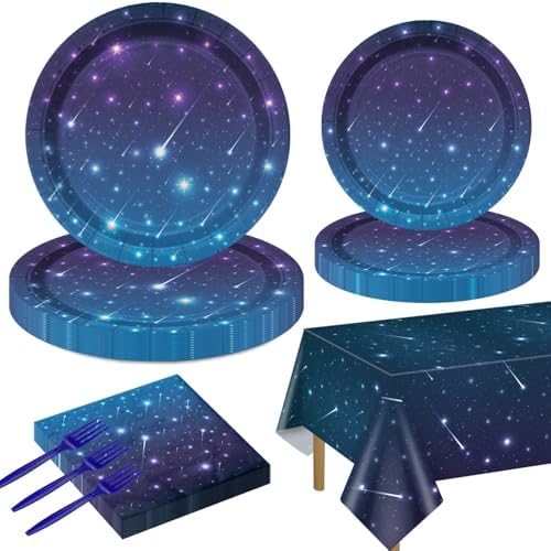 Outer Space Party Supplies for 20 Guests, Disposable Tableware Set Includes Starry Night Paper Plates, Napkins, Forks, Tablecloth for Kids Space Galaxy Theme Birthday Decorations by QUERICKY