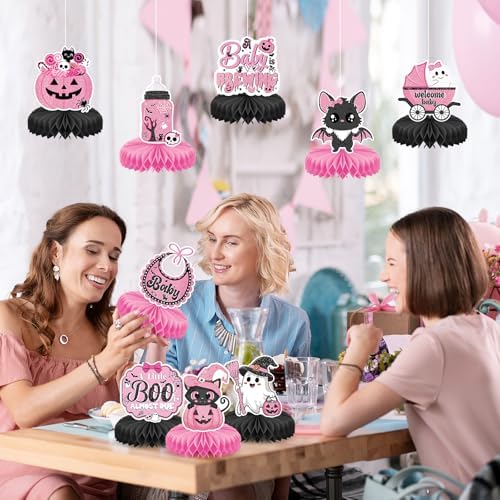 9Pcs Halloween Baby Shower Decorations A Little Boo is Almost Due Baby Shower Black pink Halloween Honeycomb Centerpieces Decorations for Gender Reveal Party Favor Supplies - Image 7