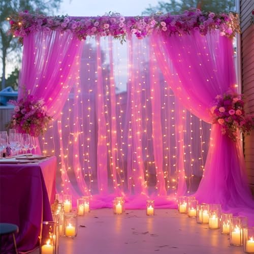20×10ft Hot Pink Tulle Backdrop Curtain with Lights String for Parties, Sheer Photo Backdrop Curtains for Wedding Party Photography Background by WishCare