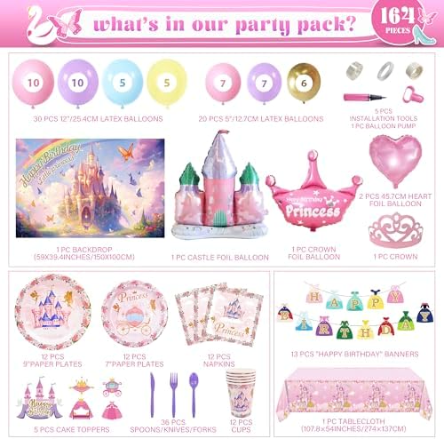 164 PCS Princess Birthday Party Decorations For Girl, 12 Tableware Sets, Castle Balloons, Balloon Arch, Disposable Paper Plates, Backdrop, Balloon Pump, Princess Party Decorations - Image 2
