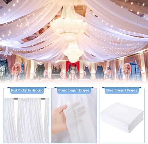 White Ceiling Drapes with Lights String for Weddings, 6 Panels 5ftx30ft Sheer Tulle Backdrop Photo Background Drapes for Wedding Ceremony Birthday Party Arch Decoration - Image 2