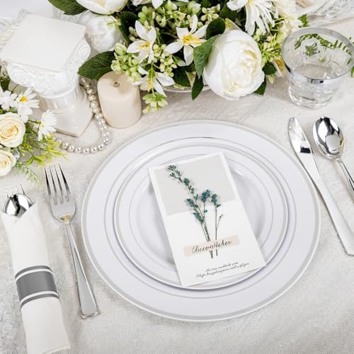 WELLIFE 350Pcs Silver Plastic Plates for 50 Guests - Disposable Dinnerware Set, Party Supplies Includes 100 Silver plates,150 Silverware,50 Napkins,50 Cups, Plastic Plates for Party and Wedding - Image 3