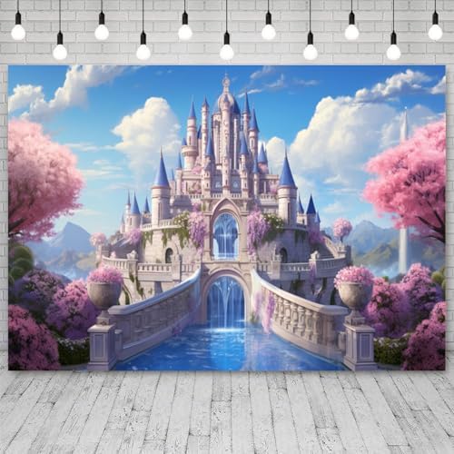 8x6ft Princess Castle Backdrop Pink Floral Blue Sky Photography Background White Cloud Forest Mountain Girls Birthday Baby Shower Banner Decorations Wedding Party Portrait Photo Booth Prop - Image 3