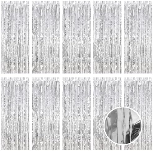 10 Pack Silver Foil Curtain Backdrop 3.2ft x 9.8ft Metallic Tinsel Foil Fringe Curtains Streamer Photo Booth Backdrop for Birthday Party Engagement Bachelorette Party Decorations (Silver) by Ohiyoo