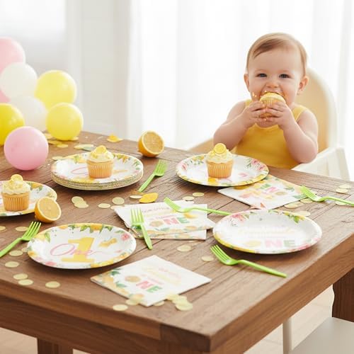 96Pcs Lemon 1st Party Plates Supplies Pink Yellow Our Little Lemonade Is Turning One First Birthday Tableware Decorations Disposable Paper Plates Napkins Forks for Kids Baby Shower, Serves 24 - Image 6