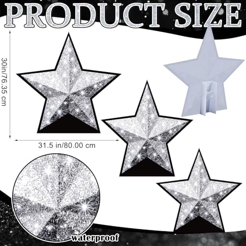 Leinuosen 3 Pcs 25.8" - 31.5" Star Starry Night Movie Night Party Decoration Silver Glitter Star Cardboard Cutout Stand-up Movie Prom Awards Homecoming Wedding Birthday Party Photo Prop Backdrop Decor - Image 2