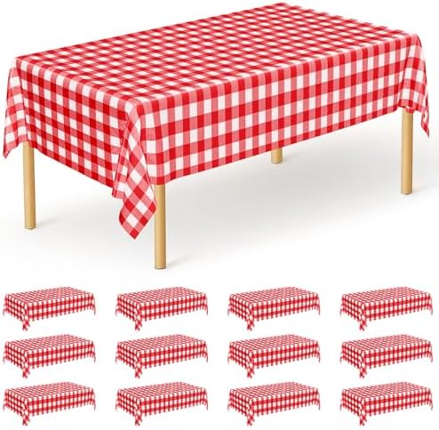 12Pack 54" x 108" Table Cloth Rectangle Table, Waterproof Plastic Table Cloth Ddisposable, Red and White Checkered Tablecloth Table Cover for Outdoor Picnic Birthday Party Gathering BBQ Holiday Dinner by QZYL