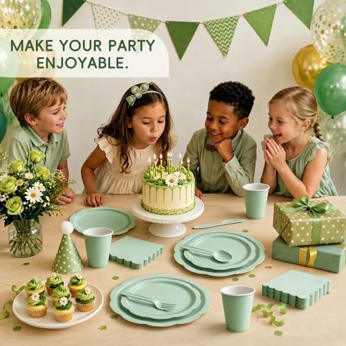 175 Pcs Sage Paper Plates and Napkins Party Supplies for 25 Guests, Food-Grade Thickened Disposable Tableware Set with Cutlerys, 7'' & 9'' Decagonal Plates for Engagement Party - Image 2
