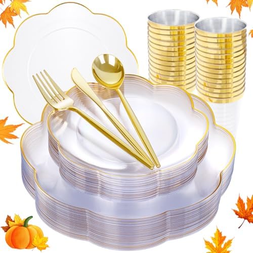 ejonirinjonir 180pcs Clear and Gold Plastic Plates for Wedding Reception by Ejonirinjonir