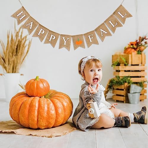 Whaline Happy Fall Pumpkin Burlap Banner Harvest Home Decor Bunting Flag Pre-Assembled Autumn Hanging Garland Party Thanksgiving Day Decoration (White) - Image 5